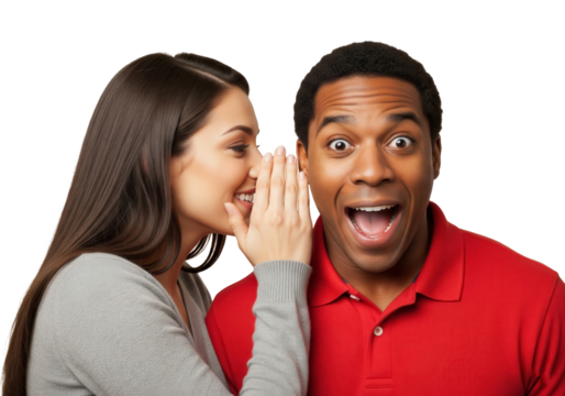 Young Woman Whispering a Secret to a Surprised Man, Isolated on Transparent Background

