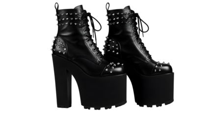 Edgy black platform boots feature spikes. Product photography for alternative fashion, shoe ads, punk style, gothy looks, and dark apparel branding.