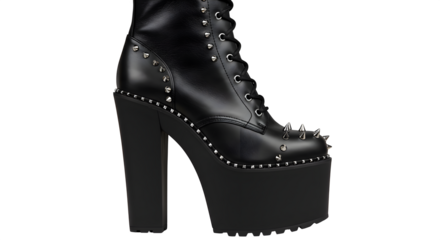 Black platform boot showcases punk aesthetic. Product shot highlights leather texture and stud details. Use for e-commerce, fashion blogs, and alternative style promotions.