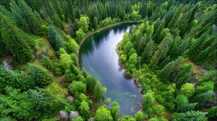 Serene Green Forest River Aerial View