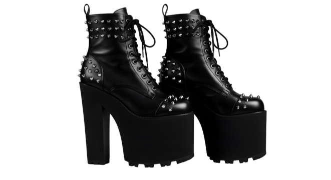 Edgy black platform boots feature spikes. Product photography for alternative fashion, shoe ads, punk style, gothy looks, and dark apparel branding.