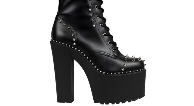 Black platform boot showcases punk aesthetic. Product shot highlights leather texture and stud details. Use for e-commerce, fashion blogs, and alternative style promotions.
