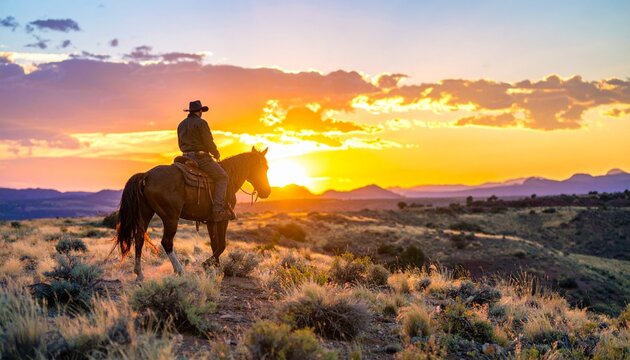 Silhouette of a horse rider Riding a Horse into the Desert Sunset, Generated with AI.