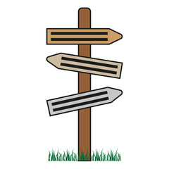 Wooden signpost illustration. Directional arrow boards. Road Vector signs. Travel destination emblem.