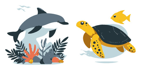 Fototapeta premium Colorful Flat Cartoon Ocean Wildlife with Dolphin and Turtle Design