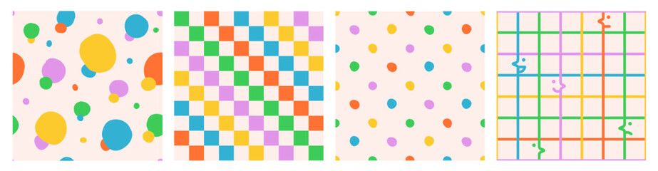 Seamless pattern set, hand drawn curved checkered, dots and spots. Modern colorful vector design with abstract shapes, simple and playful doodle wallpaper print