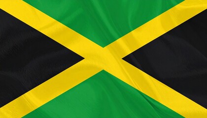 Create a bold digital illustration of the Jamaican flag with gold saltire dividing green and black triangles.