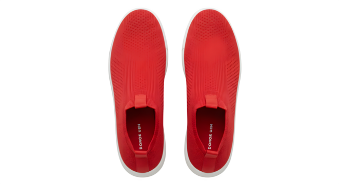 Red mesh shoes gleam against black, high-angle, flat lay, product photography, fashion, e-commerce.