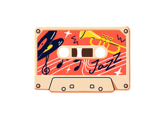 Design of cassette with jazz music. Retro mixtape with audio records of saxophone play. Template of mix tape. Icon of vintage audiocassette. Flat isolated vector illustration on white background