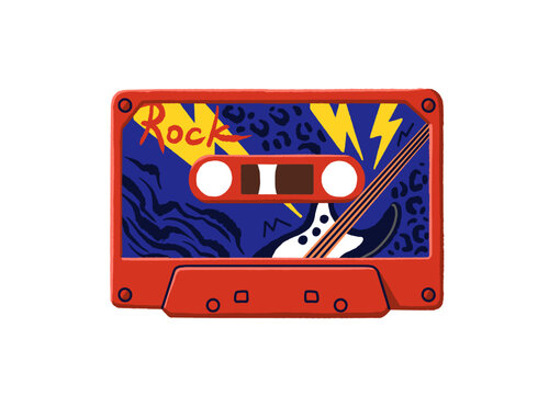 Vintage design of audio cassette. Retro tix tape with records of rock songs. Mixtape template with heavy metal music. Old audiocassette icon. Flat isolated vector illustration on white background