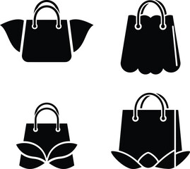 Set of shopping bag vector icons in solid black silhouette and thin outline styles, minimalist and modern, ideal for retail or gift packaging branding.