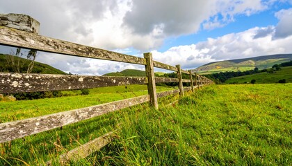 Fototapeta premium Weathered Wooden Fence Along Green Fields Under Cloudy Blue Sky in Countryside, Generated with AI.