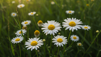 Beautiful daisy flowers in a green field summer meadow nature background floral wallpaper stock photo image on transparent background