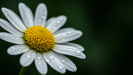Fototapeta premium Blooming white daisy flower with water drops, fresh chamomile blossom on dark green background, macro floral nature photography