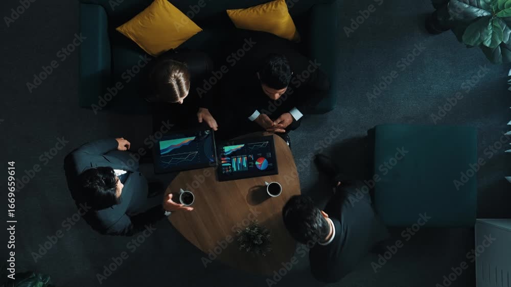 Poster top view of skilled business team look at investment statistic graph while smart project manager joi