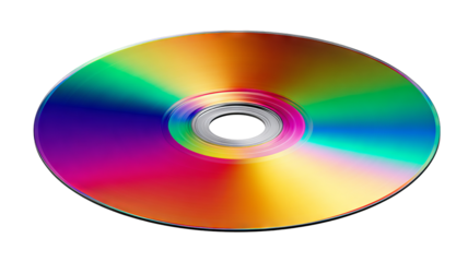 Vibrant reflective compact disc (cd) with rainbow spectrum shine, spinning gracefully — high-resolution PNG-style isolated cutout on transparent background, ideal for album art mockups