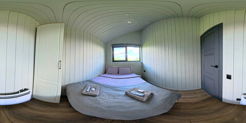 Minimalist king size single-bedroom HDRI in 360 view featuring wooden walls, compact layout, and...