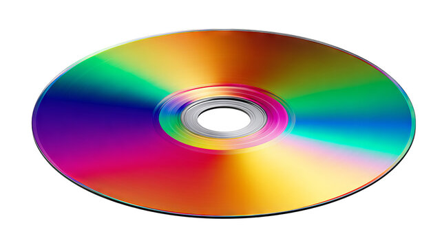 Vibrant reflective compact disc (cd) with rainbow spectrum shine, spinning gracefully — high-resolution PNG-style isolated cutout on transparent background, ideal for album art mockups