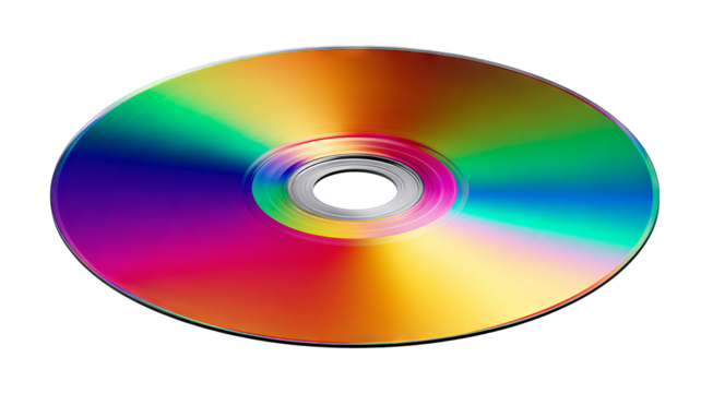 Vibrant reflective compact disc (cd) with rainbow spectrum shine, spinning gracefully — high-resolution PNG-style isolated cutout on transparent background, ideal for album art mockups