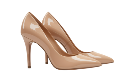 Beige pumps reflect light with a glossy surface. Ideal for fashion blog posts, product listings, or stylish presentations.