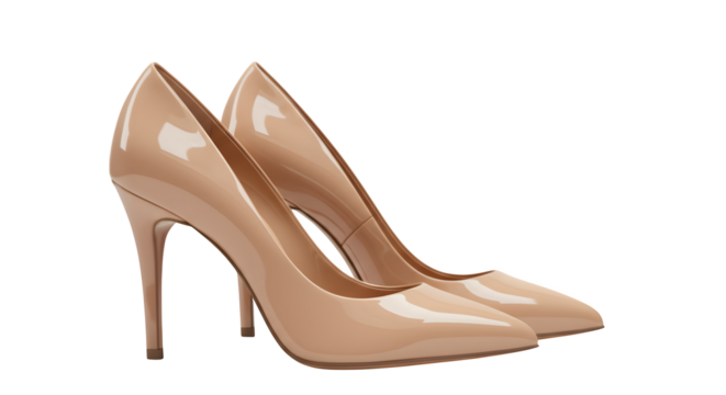 Beige pumps reflect light with a glossy surface. Ideal for fashion blog posts, product listings, or stylish presentations.