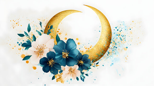 &bull; Iftar celebration invitation card with elegant floral design, golden crescent, and Ramadan Mubarak in Urdu calligraphy isolated on white background in HD 