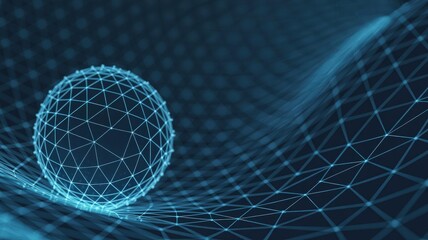Digital Sphere: A captivating image of a digital sphere comprised of interconnected nodes floating over a blue, wave-like surface, symbolizes technological innovation.