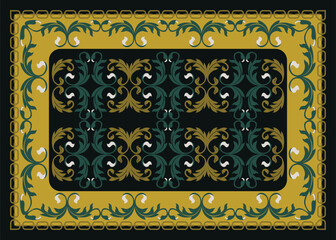 Elegant vector rug pattern featuring black and olive green tones, adorned with Victorian-inspired leaf motifs and ornamental details.