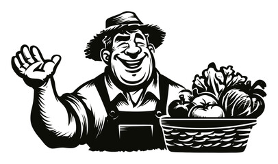 Cheerful Farmer with Basket of Fresh Produce in Vintage Black and White Style