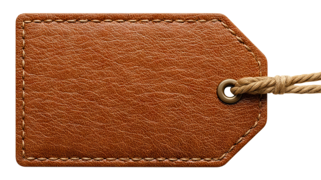 Blank brown leather tag label — high-resolution isolated PNG cutout on transparent background for retail pricing, gift labels, packaging and branding mockups, e-commerce product listing thumbnails