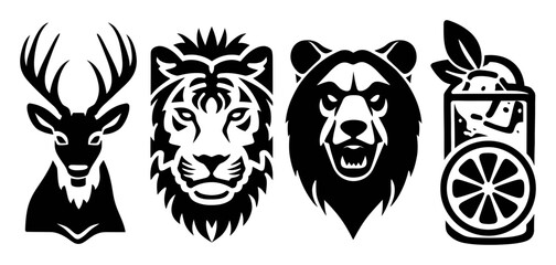 Stylized Animal Illustrations Featuring Deer, Lion, Bear, and Beverage
