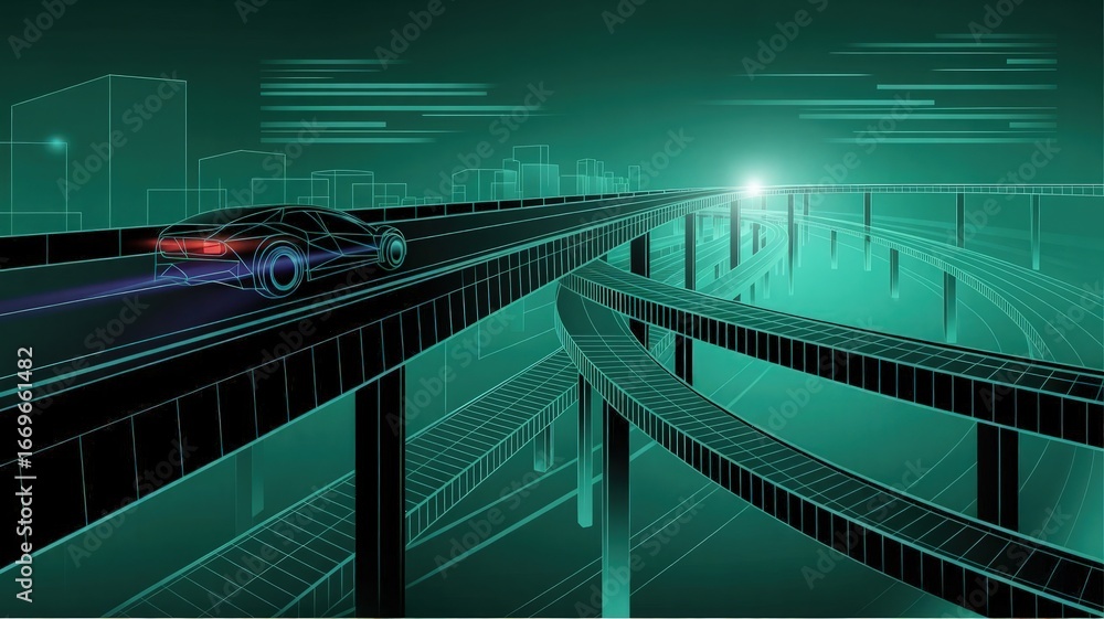 Poster autonomous vehicle on the futuristic highway: a cutting-edge autonomous vehicle navigates a complex 