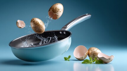 Eggs cracking in a pan kitchen food photography culinary art close-up cooking concept