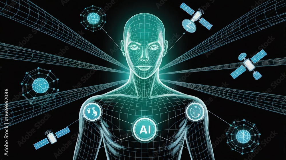Poster Digital Avatar of Artificial Intelligence: A cutting-edge representation of artificial intelligence, depicting a futuristic digital avatar with the AI symbol at its center.