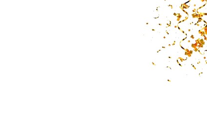 Golden confetti streamers in bottom right corner with white to gray gradient background and large copy space