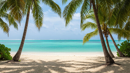 Tropical beach paradise with palm trees and turquoise ocean for summer vacation travel destination on transparent background