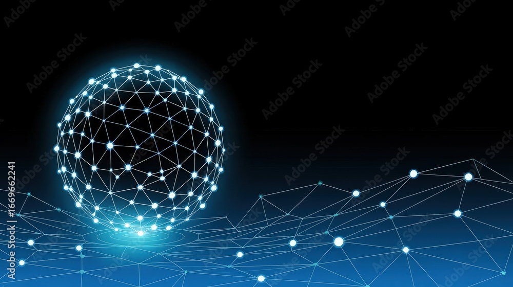 Poster global network: a luminous, interconnected globe composed of data points, radiating with digital ene