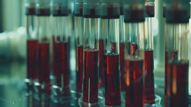 A row of test tubes containing red liquid, suitable for medical or laboratory settings