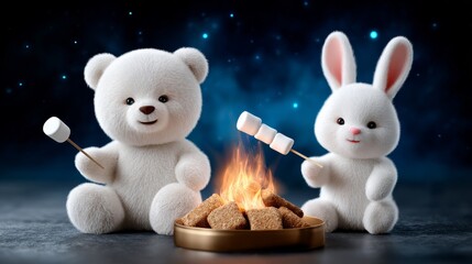 Cozy campfire moments forest animated characters nighttime close-up friendship and fun