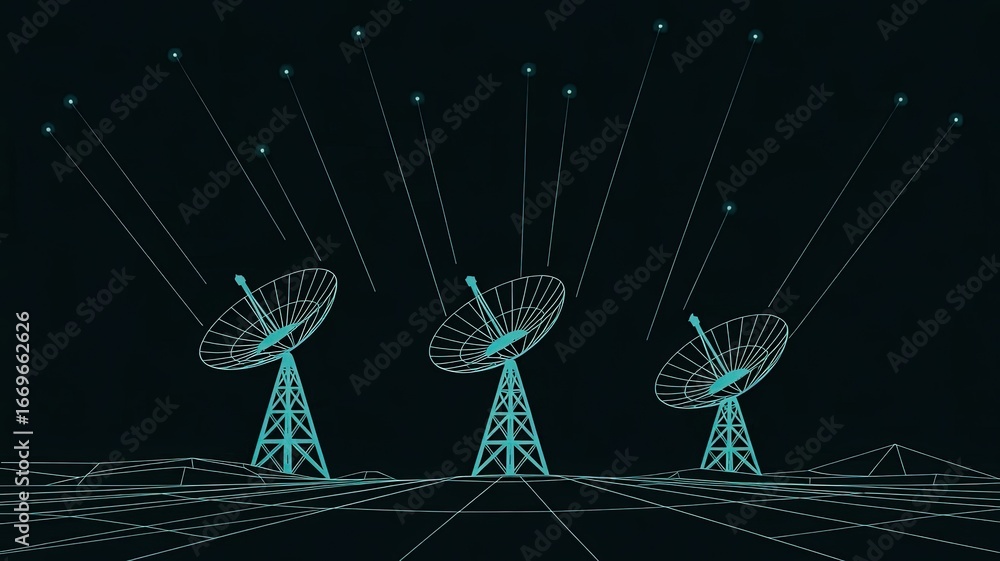 Poster digital communication array: a network of sleek, futuristic satellite dishes reach out to the digita