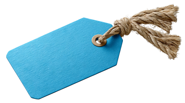 Blue price tag with rope — blank paper label isolated on transparent background, high-resolution PNG cutout for retail pricing, gift tags, packaging and branding mockups, e-commerce product labeling