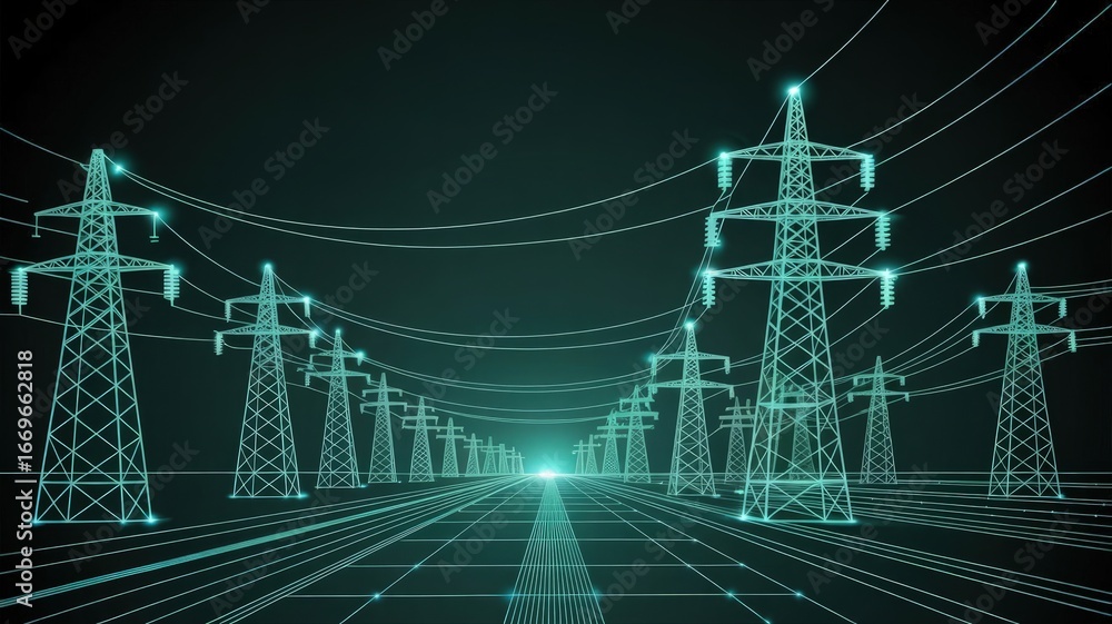 Poster electric grid network: an illuminating display of an electric grid network, featuring a series of to