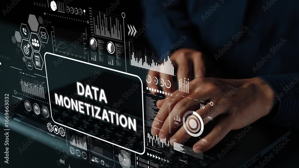 Poster hands typing on laptop with data monetization graphics and digital analytics symbols for business gr
