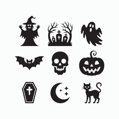 Halloween Icons Witch Ghost Skull Pumpkin Cat Moon Bat Grave vector isolated elements