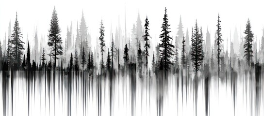 Black and white forest with blurred, abstract vertical lines suggesting water reflection