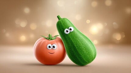 Playful vegetables with faces tomato and zucchini studio setting 3d render whimsical concept