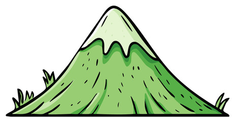 Stylized Green Mountain Peak with Snow Cap and Grass Clumps Cartoon Drawing
