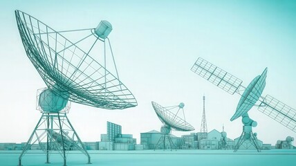 Signal Search: A network of communication dishes in a futuristic landscape, scanning the horizon with the promise of innovation and discovery, bathed in cyan.