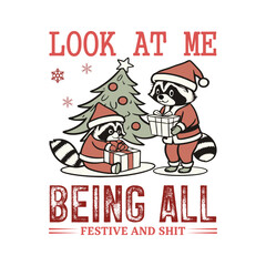 Funny Christmas Raccoon Clipart – Cute Festive Holiday Animal with Gifts and Tree