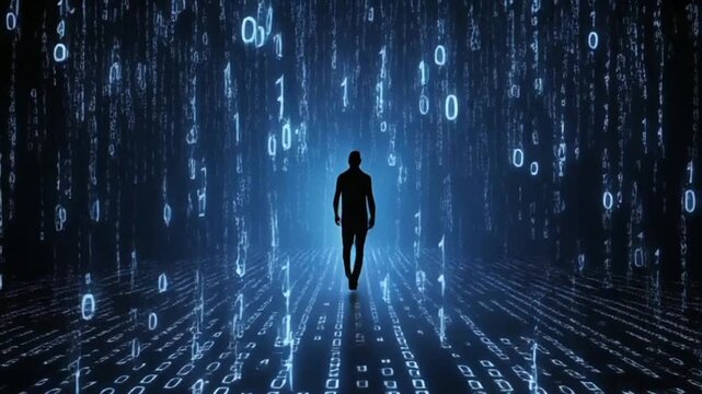 A silhouette of a man walking amidst a dark digital background with a stream of glowing binary code (zeros and ones). This image symbolizes the concept of the digital world, technology, and intelligib